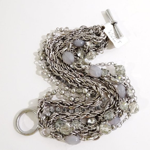 Ann Taylor LOFT  8 Layer Rope Stone Bead Antique Silver Toggle Bracelet NWT 29.5 - Picture 2 of 6